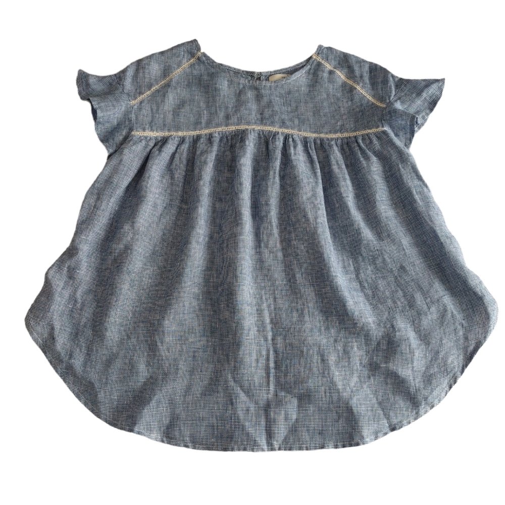 Trovata Birds of Paradis XS Blue 100% Linen Mini Houndstooth Short Sleeve Top